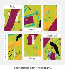 Hand drawn creative universal invitation greeting cards template. Abstract scribbles doodles bright colors.Birthday, wedding, party, social media banners templates. Isolated vector card templates.