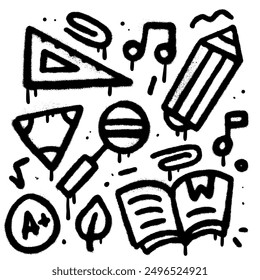 Concepto de diseño de arte de graffiti urbano creativo dibujado a mano para la vuelta a la escuela y el diseño. Conjunto de papelería Grungy. Ilustración vectorial texturizada dibujada a mano.