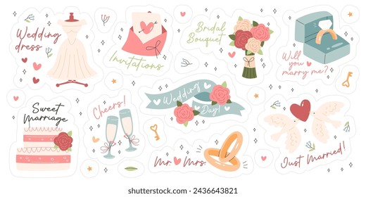 Hand drawn creative wedding stickers set. Handwritten text, marriage ceremony accessories attributes vector illustration. Cheering glasses, bridal dress and bouquet, invitations, engagement gold ring svg