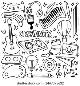 Hand drawn of creativity in doodle style isolated on white background, Vector hand drawn set creativity theme. Vector illustration