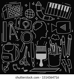 Hand drawn of creativity in doodle style isolated on black background, Vector hand drawn set creativity theme. Vector illustration