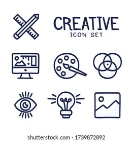 Hand drawn Creativity Graphic and web design line icons. Cartoon doodle vector icon palette, bulb idea, pencil, ruler, monitor, art and other