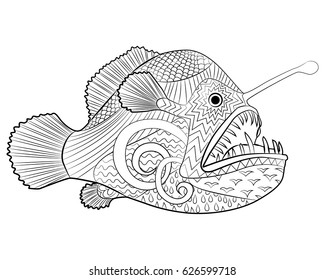 Hand drawn creepy fish with high details for anti stress coloring page, illustration of a monkfish in tracery style. Sketch of angelfish for tattoo, poster, print, t-shirt in zentangle style. Vector.