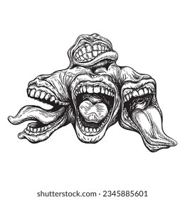 Hand drawn creepy monster with many human mouth. Black pen objects for t shirt, poscard, poster, design, Vector Illustration Cartoon EPS Images.
