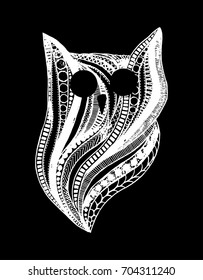 Hand drawn creepy spirit owl, decorative, zentangle, Halloween, dark background