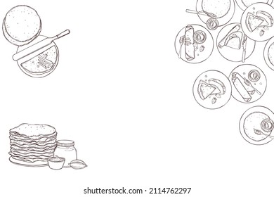 Hand drawn crepes, thin pancakes with chocolate.  Vector background.