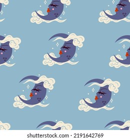 Hand drawn crescent with face. Big eyes and red lips. Moon in clouds. Repeating icon. Trendy Vector illustration. Celestial drawing. Cartoon style. Square seamless Pattern. Background, wallpaper