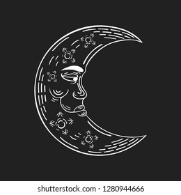 Hand drawn crescent moon in boho style. Vector bohemian ethnic tattoo. Magic scandinavian pattern.