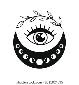 Hand drawn crescent moon with branch and third eye. Lunar phases spiritual design. Celestial vector illustration isolated on white background. Esoteric tattoo in boho style. Sacred geometry clipart.