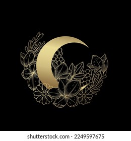 Hand drawn crescent moon decorated in flower decoration