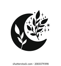 Hand drawn crescent moon with floral branches. Lunar phases spiritual design. Celestial vector illustration isolated on white background. Esoteric tattoo in boho style. Sacred geometry clipart.