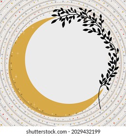 Hand drawn crescent moon with floral elements. Gold moon with branches and leaves - spiritual design with space for your text. Celestial vector illustration in boho style.