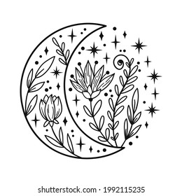 Hand drawn crescent moon with flowers and floal elements. Lunar phases spiritual design. Celestial vector illustration isolated. Esoteric tattoo in boho style. Sacred geometry clipart.