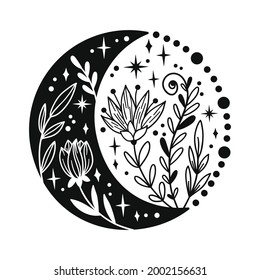 Luna de media luna dibujada a mano con flores y elementos floales. El diseño espiritual de las fases lunares. Ilustración vectorial celestial. Tatuaje esotérico al estilo boho. Clíparte de geometría sagrada.