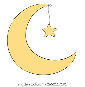 Lua crescente desenhada à mão com estrela pendurada. Projeto de berçário de bebê vetor mínimo