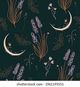 Hand drawn crescent moon and herbs seamless pattern. Moths and herbs in linear style 