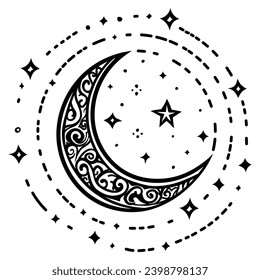 Hand drawn crescent moon line art, Vector Illustration for Ramadan Concept.