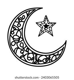 Hand drawn crescent moon line art, Vector Illustration for Ramadan Concept.