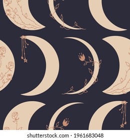 Hand drawn crescent moon phases with roses flowers seamless pattern