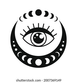 Hand drawn crescent moon with phases and third eye. Lunar spiritual design. Celestial vector illustration isolated on white background. Esoteric tattoo in boho style. Sacred geometry clipart.