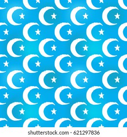 Hand drawn crescent with star in arabic seamless pattern background. Traditional white oriental signs and symbols on soft blue backdrop. Greeting card background for muslim cards, banners.