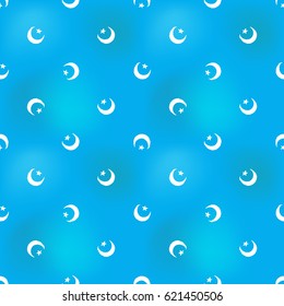 Hand drawn crescent with star in arabic seamless pattern background. Traditional white oriental signs and symbols on soft blue backdrop. Greeting card background for muslim cards, banners.