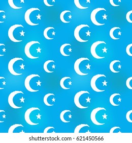 Hand drawn crescent with star in arabic seamless pattern background. Traditional white oriental signs and symbols on soft blue backdrop. Greeting card background for muslim cards, banners.