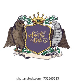 Hand drawn crest illustration with owl, hawk, crown, shield