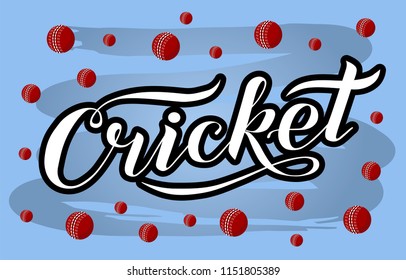 Hand drawn Cricket lettering text on blue background with cricket balls, vector illustration. Cricket calligraphy. Sport, fitness, activity vector design. Print for logo, competition,T-shirt and caps.