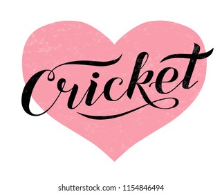 Hand drawn Cricket lettering text on white background with pink heart, vector illustration. Cricket brush calligraphy. Summer sport, fitness, activity vector design. Print for logo, T-shirt and caps.