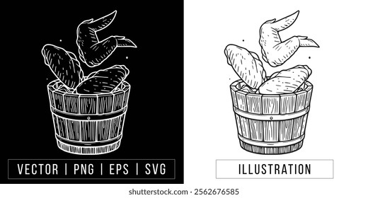 Hand Drawn Crispy Chicken Wings | Black and White Vector Illustration