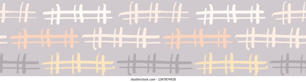 Hand drawn criss cross lines seamless border pattern. Sketchy organic fence line  vector illustration. Modern edging graphic design. Fresh scandi style scribbles. Home decor textile washi ribbon trim