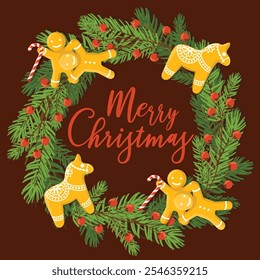 Dibujado a mano marco de círculo de Navidad o corona. Ilustración vectorial