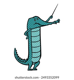Hand drawn crocodile holding stick halftone color vector illustration