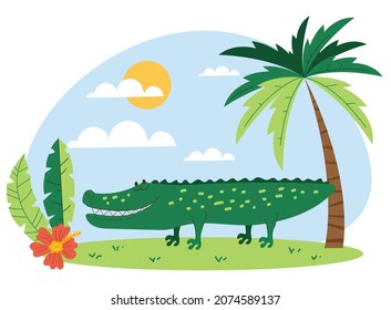 Hand drawn crocodile in jungle cartoon flat illustration