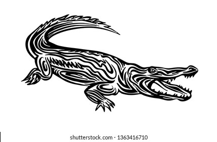 Hand Drawn Crocodile Outline Sketch. Vector Black Ink Drawing Alligator Animal. Graphic Illustration, Isolated On White Background.