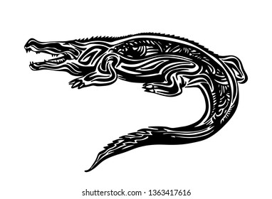 Hand drawn crocodile outline sketch. Vector black ink drawing isolated on white background. Graphic illustration.