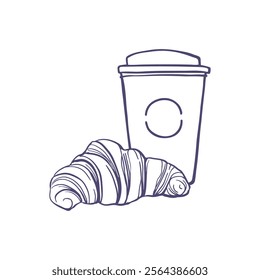 Hand drawn croissant and coffee cup composition. Simple bakery design for poster, card, menu, social media