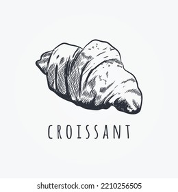 Hand drawn croissant (cornetto) sketch. Can be used for vintage food invitations, cards, prints, patterns, emblems, bakery, restaurant, menu. Food background. French and Italian breakfast.