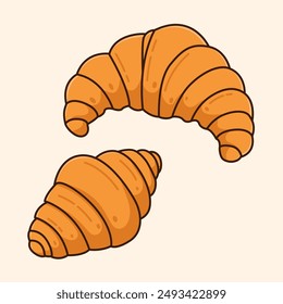 Hand drawn croissant, different styles. Outline, silhouette, cartoon style, bakery croissants isolated on background for cafe, bistro, restaurant. Vector illustration.