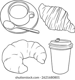 Hand drawn croissant and drink set. Coffee cup, to-go cup, and flaky pastry sketch. Vector illustration.
