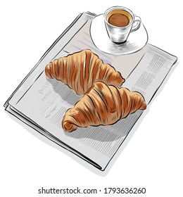 Hand drawn croissant, espresso and newspaper illustration.