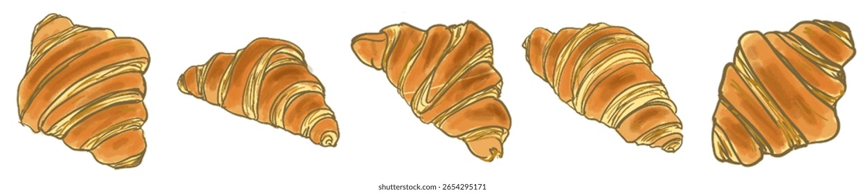 Hand drawn croissant illustration set — fresh bakery pastry, breakfast food, doodle style