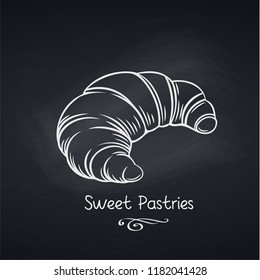 Hand drawn croissant on chalkboard. Template menu cafe. Retro style. Vector illustration.