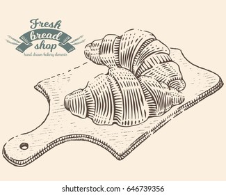 Hand drawn croissant on wooden board in engraving style. Bread bakery fresh food collection. Vector vintage illustration. Black elements isolated on white background.