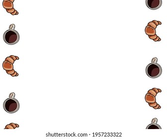 Hand drawn croissants and coffee cups vector seamless border pattern. Cafe or restaurant banner mock up. Letter format decoration background texture tile. Space for text