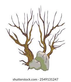 Hand drawn crooked bare trees growing under rocks, vector illustration isolated on white