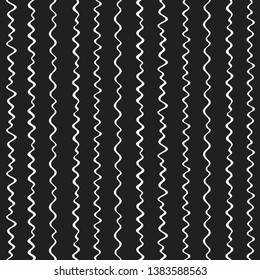 Hand drawn crooked, deformed, uneven stripes, waves, endless marker strokes seamless vector pattern. Doodle style bars, streaks, wavy lines texture. Black and white striped background, border template