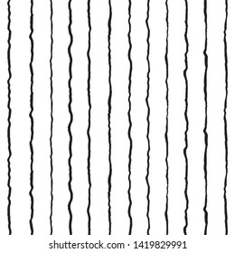 Hand drawn crooked, deformed, uneven pinstripes, stripes, endless brush lines seamless vector pattern. Doodle style bars, wavy streaks texture. Black and white striped background, border template