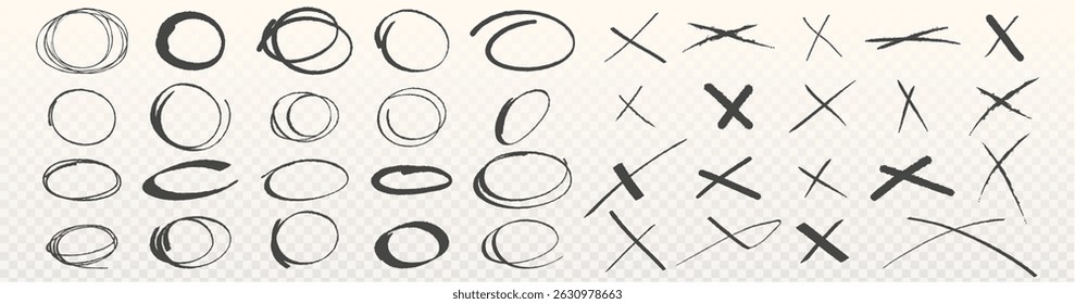 Hand drawn cross and circle signs set isolated on transparent background. Vector realistic illustration of black pencil, pen, marker highlight doodles, abstract handwritten scribbles, grungy squiggles